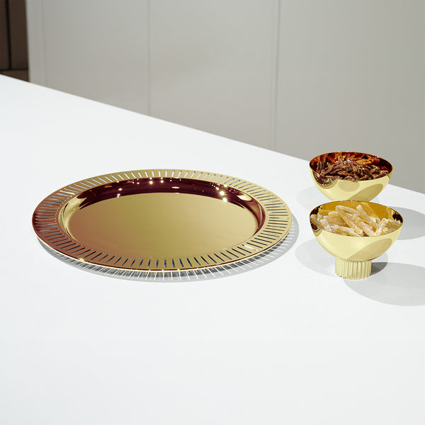 Striations Serving Tray Round, Gold