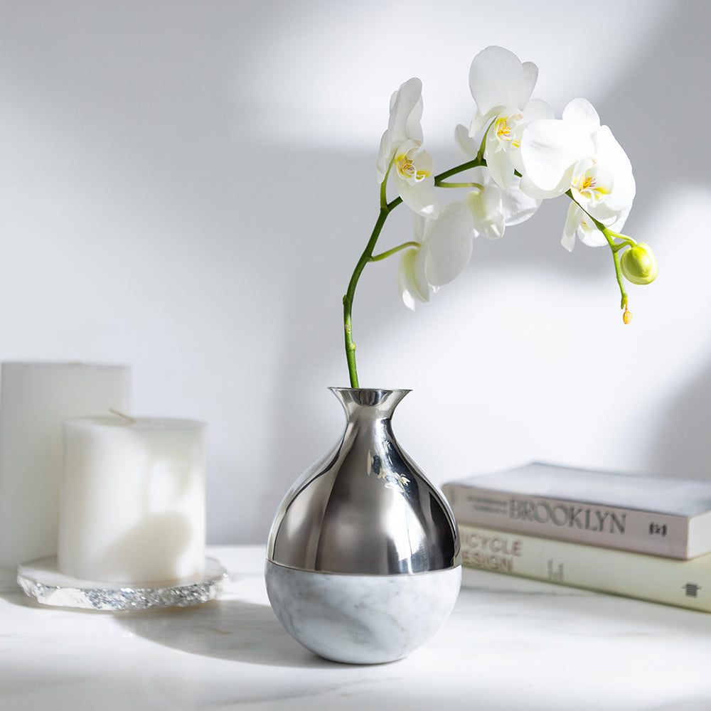 
            
                Load image into Gallery viewer, Dual Bud Vase, Carrara Marble &amp;amp; Silver - ANNA New York
            
        