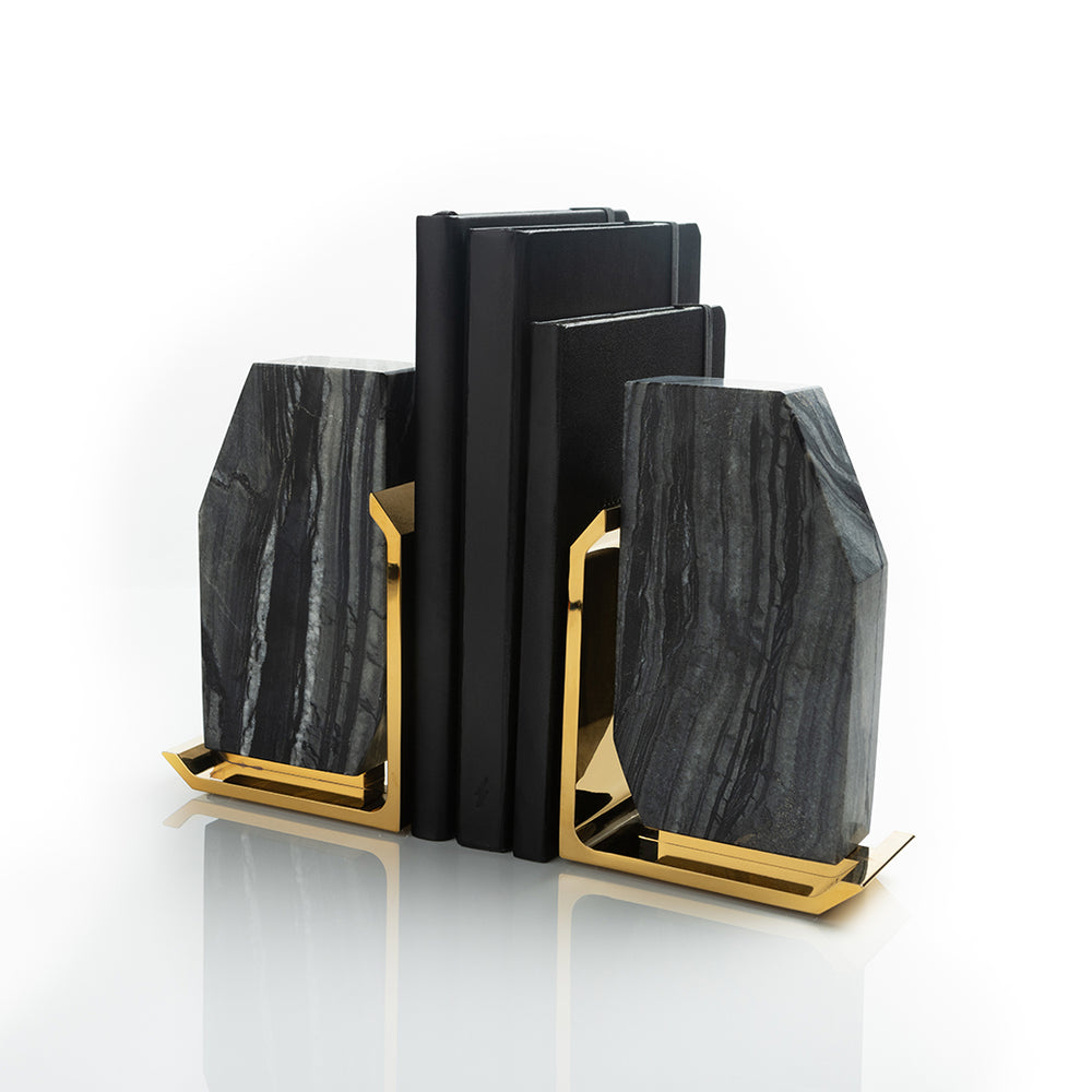 Fim Geo Bookends, Grey Marble & Gold, Set of 2 - ANNA New York