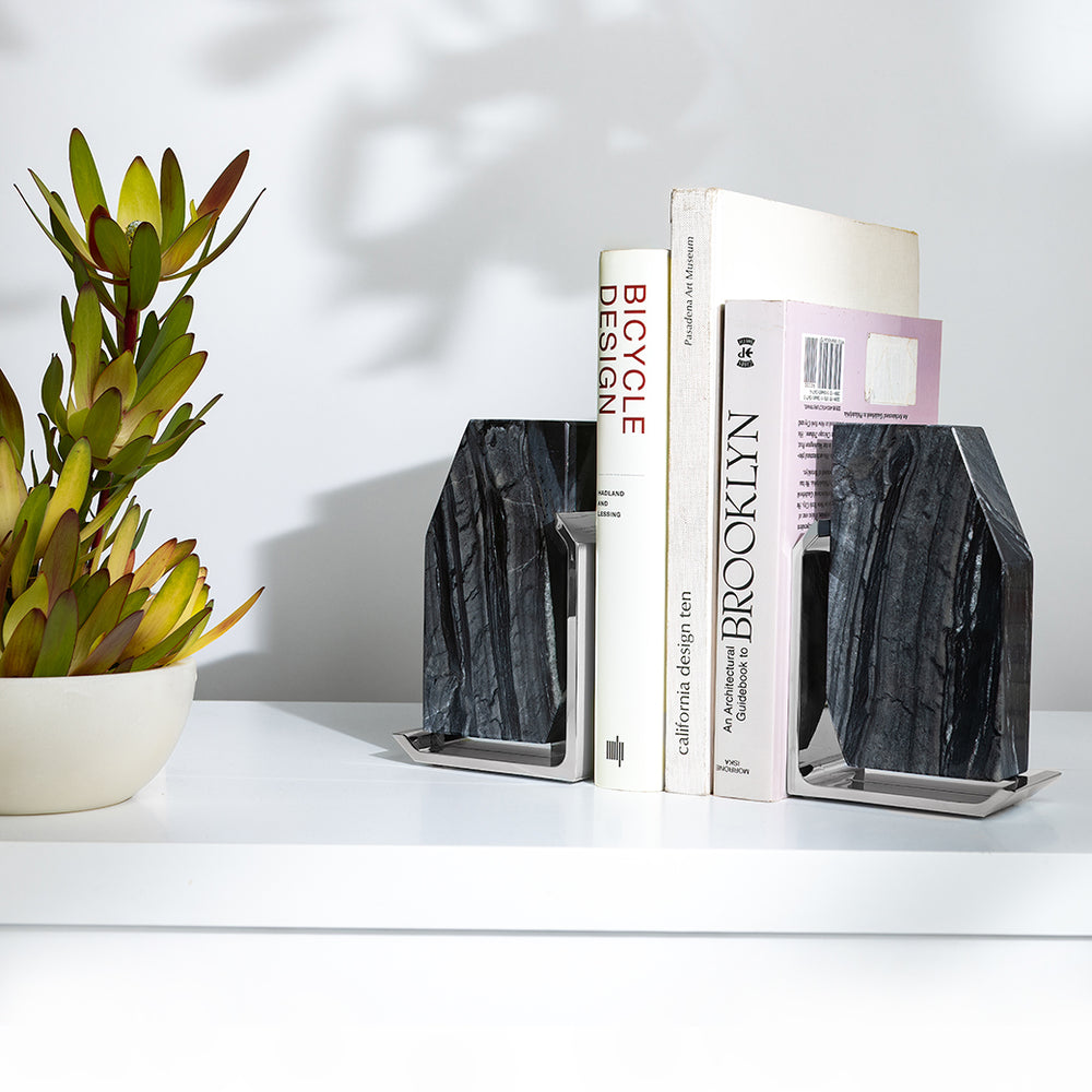 Calacatta Marble Bookends Set Of 2 - Heavy Duty Natural Stone Book Stoppers For Shelves, White With Non-Slip Pads