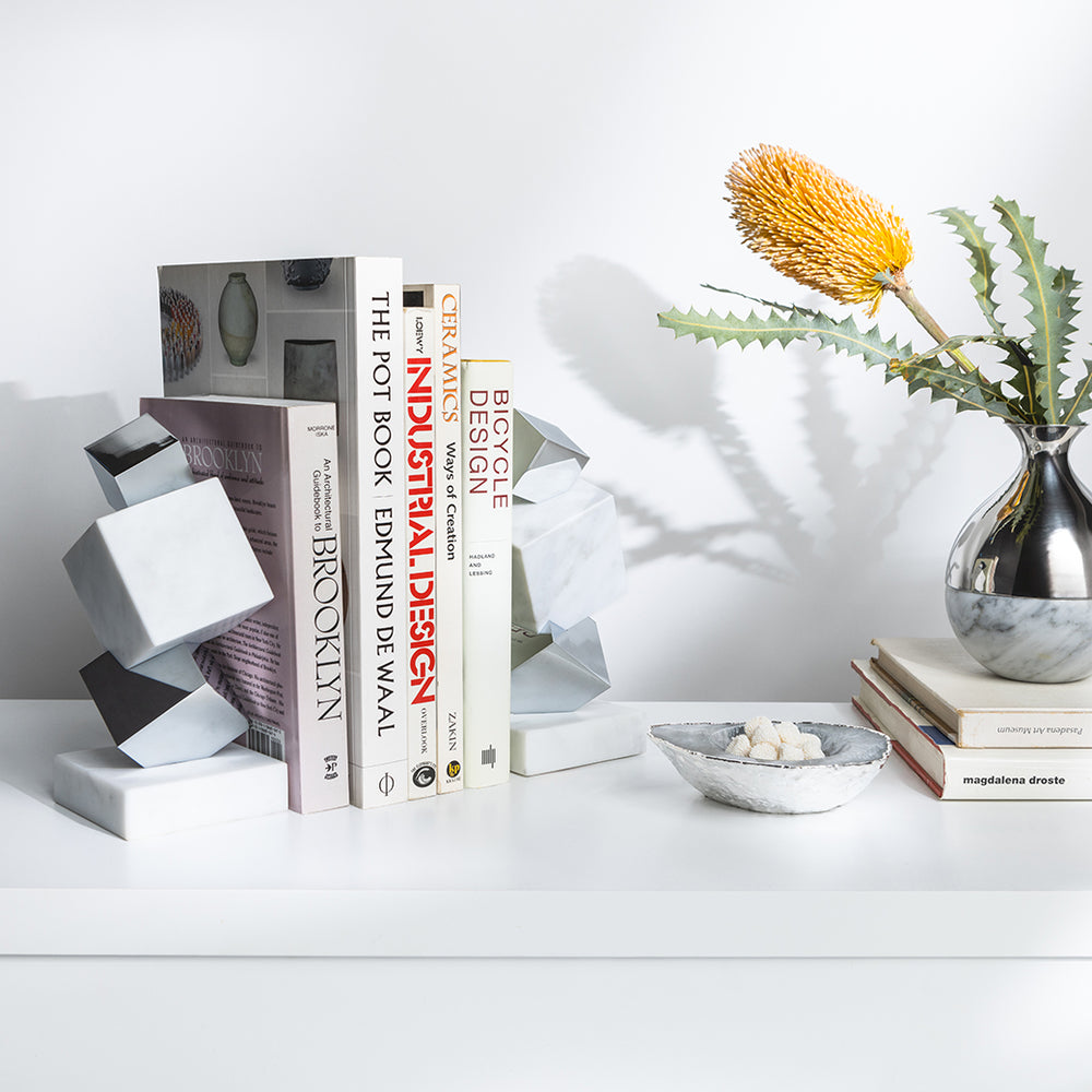 Torre Bookends, Marble & Silver, Set of 2 - ANNA New York